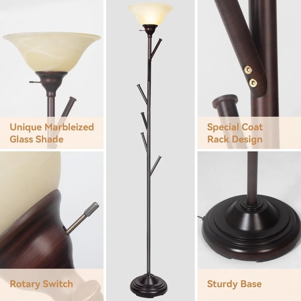 مصباح طويل القامة مع شجرة رف المعطف الدائمة، مصابيح أرضية Torchiere مع 6 خطافات، مصباح رف المعطف خاص لغرفة النوم، Entrywa
