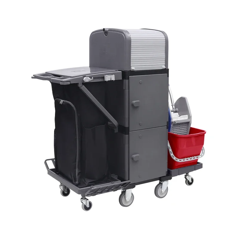 Deluxe Wet Mop Janitorial Equipment Plastic Hotel Janitorial Cleaning Trolley With Nylon Trash Bag