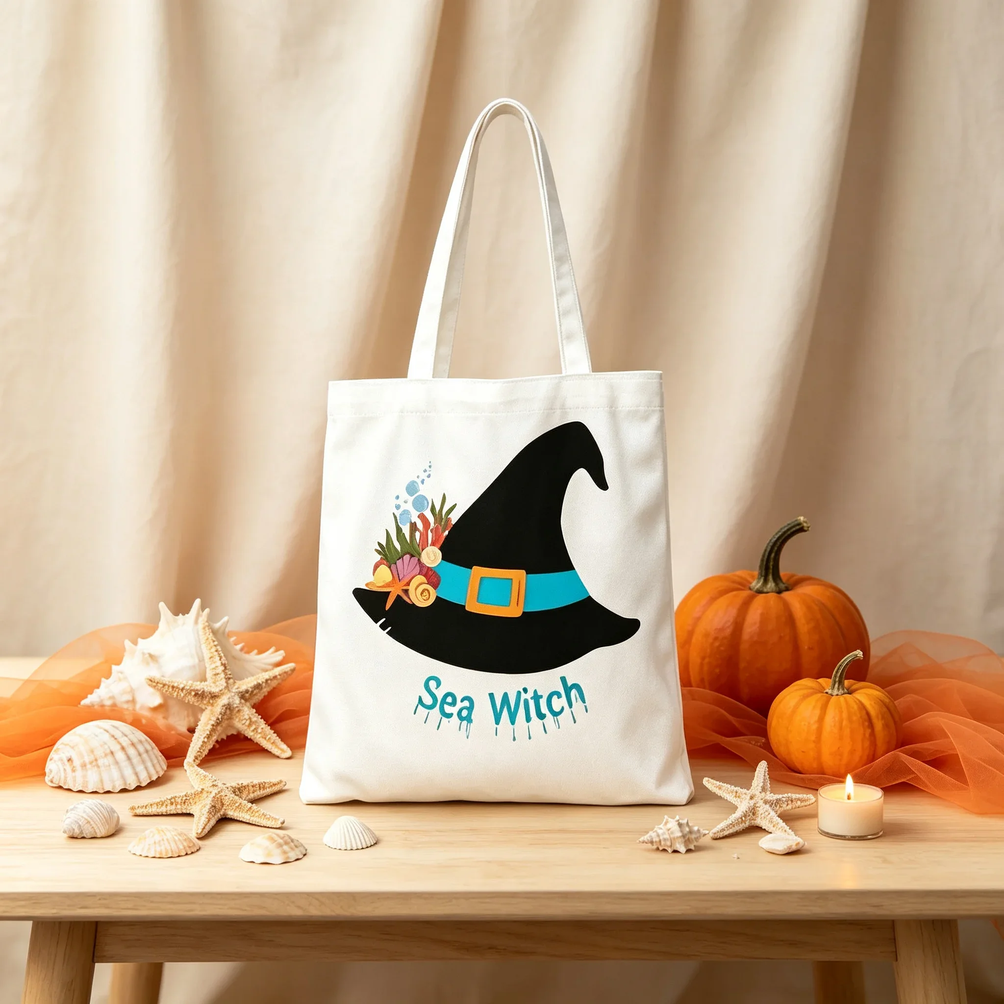 Sea Witch Canvas Tote Bag Ocean Shell Coral Witch Hat Print Shoulder Bag Reusable Shopping Handbag Halloween Holiday Gift