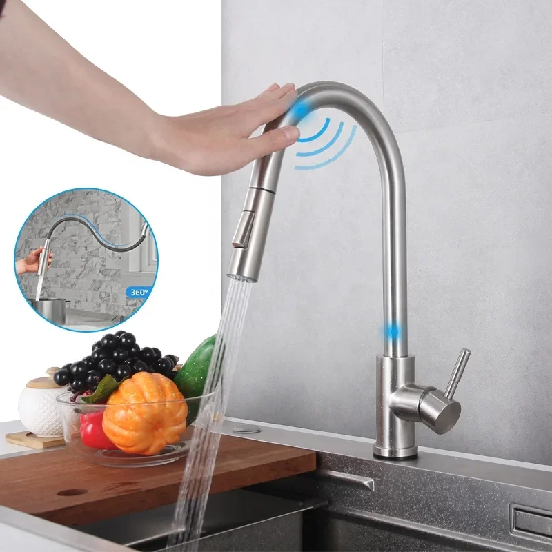 

Modern Single Handle Black Deck Mount Hot Cold Water 304 Stainless Steel Pull Down Sensor Touch Kitchen Sink Faucet