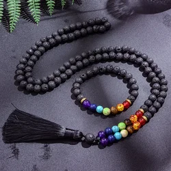 8mm Black Lava Stone 7 Chakra 108 Mala Beaded Necklace Meditation Yoga Prayer Jewelry Set Japamala Rosary