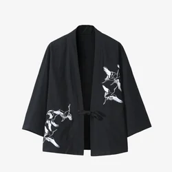 Kimono de estilo japonés para hombre, chaqueta tradicional con estampado de grulla, cárdigan Haori, ropa asiática, Samurai Yukata, ropa de calle Hip Hop