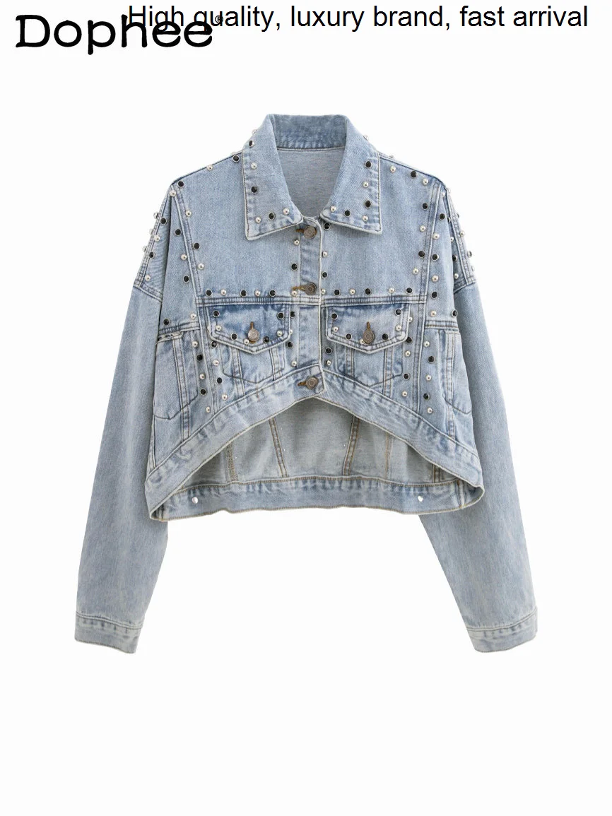 

Industry Harajuku Heavy Rivets Fashion Loose Leisure Short Denim Women Jean Jacket Outerwear 2023 Fall Winter New Clothes