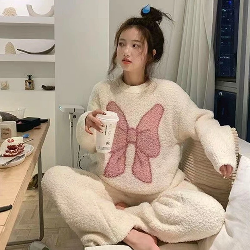 Women's Winter Warm Pajamas Sets Comfortable Long Sleeved Print Color Jacquard Thickened Loose Fleece Pullover 2 Piece Sets