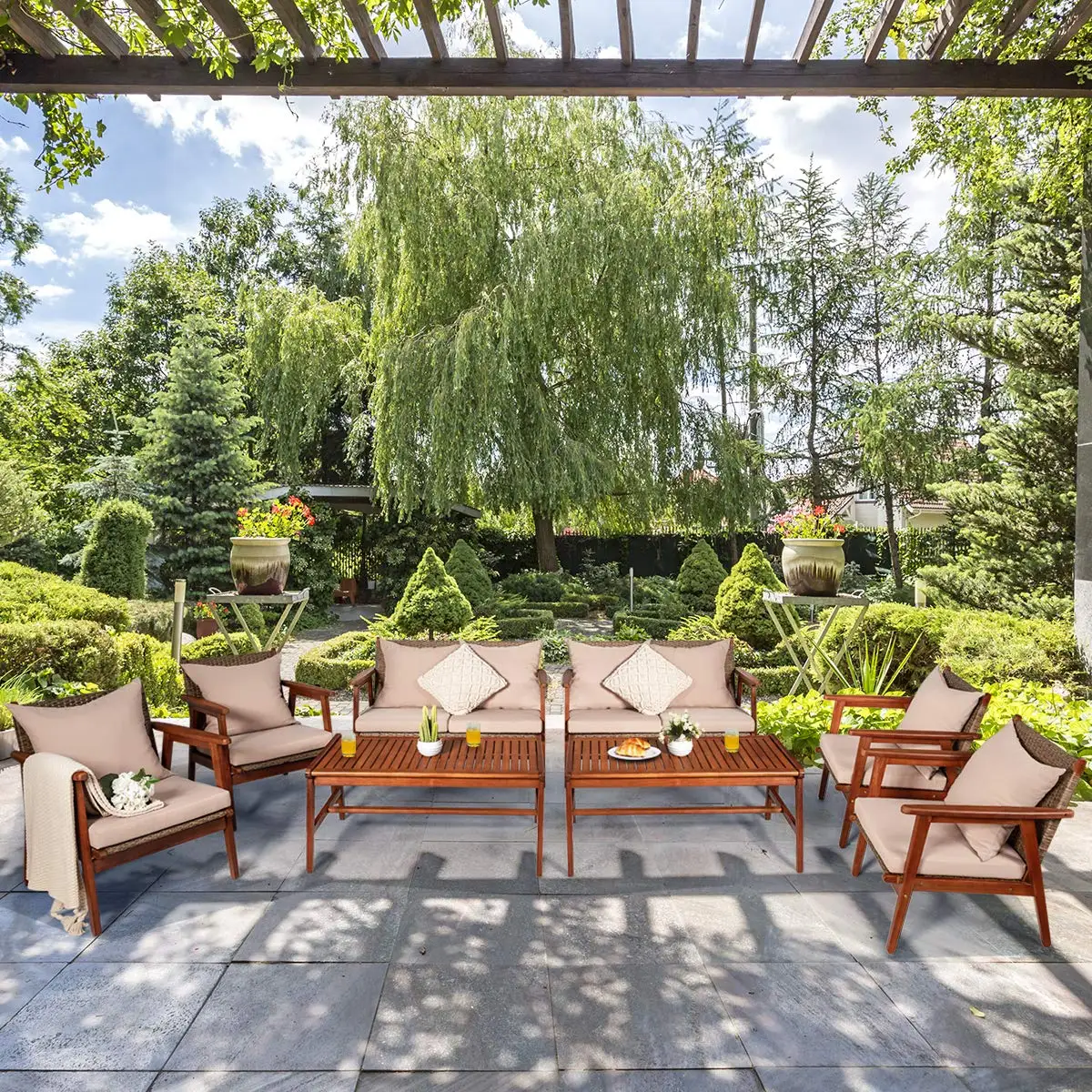 Acacia Wood Patio Sofa Set 8 PCS Outdoor Sectional with Cushions & Table for Garden Backyard Poolside, Customized