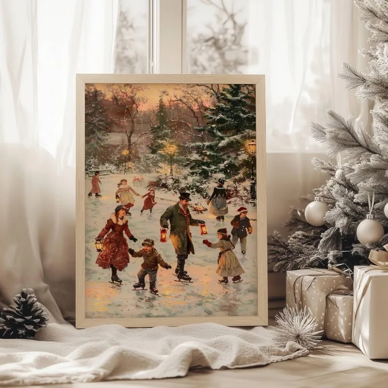 Vintage Winter Ice Skating Canvas Wall Art Fashion Snow Scene Nostalgic Christmas Holiday Home Wall Print Unframed Canvas Poster