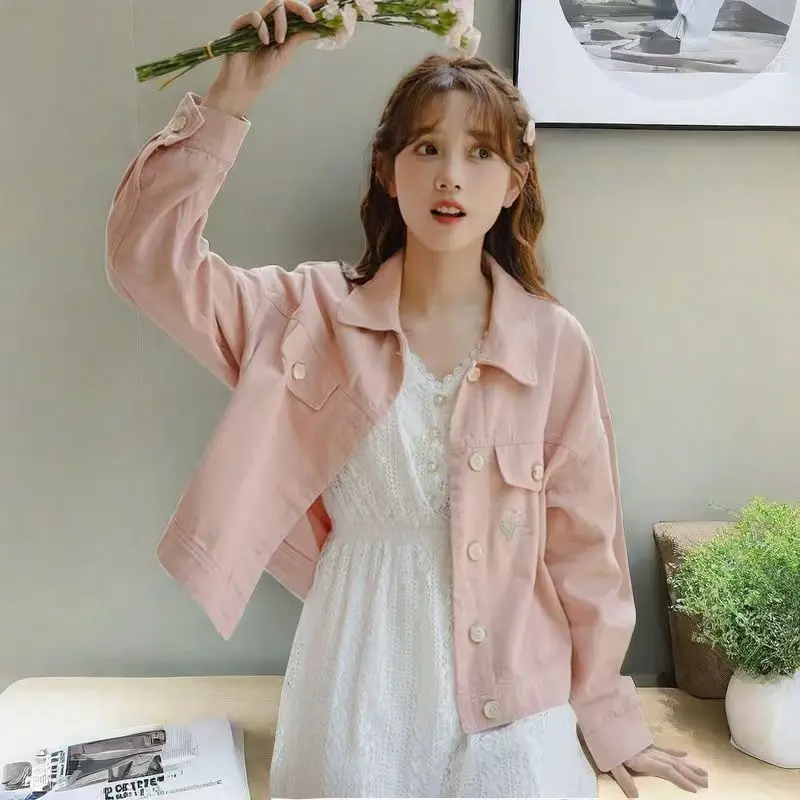 2026 New Female Student Shorts Pink Jeans Coat Spring Autumn Casual Loose Denim Jacket Korean Women Sweet Embroidered Outwear