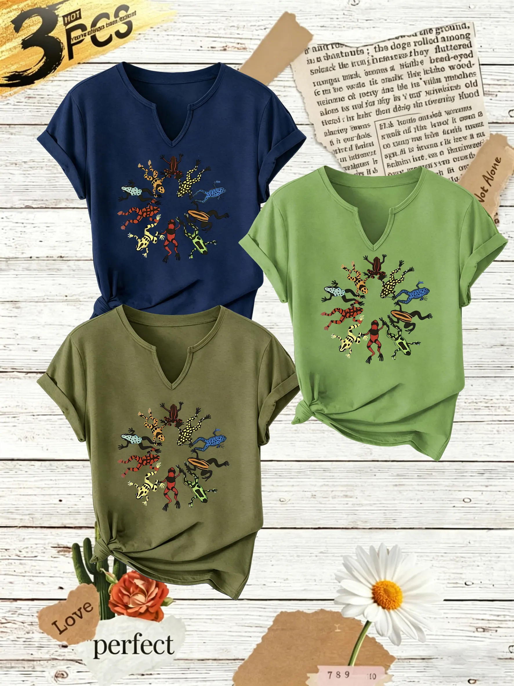3Pcs Women Summer Notch V Neck T-Shirt, Colorful Poison Dart Frog Circular Print Casual Short Sleeve Tee Set