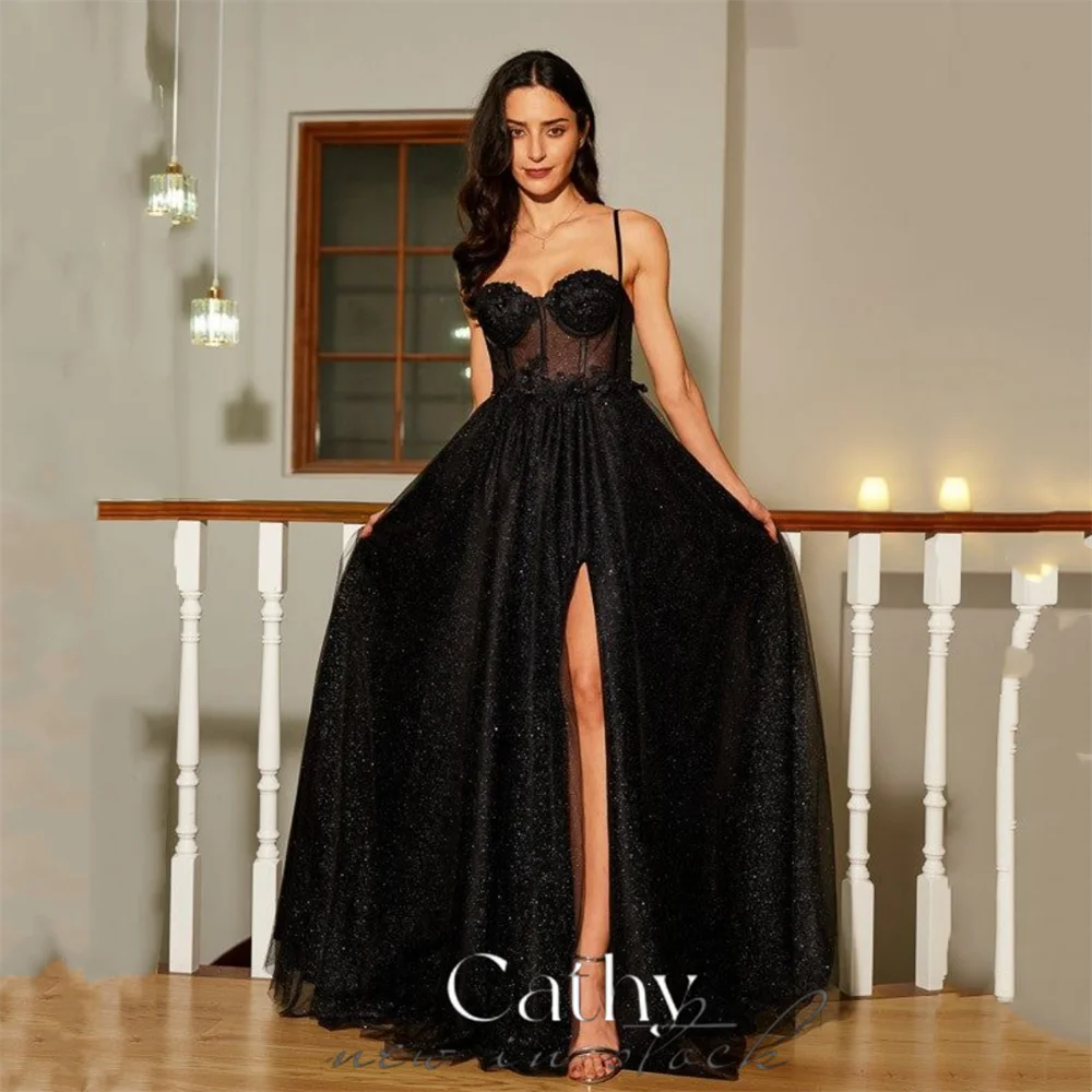 

Cathy Black A-line Tulle Prom Dress 2024 Elegant Spaghetti Strap vestido de gala 2024 Sexy Side High Split فساتين السهرة