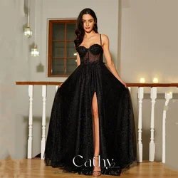 Cathy Black A-line Tulle Prom Dress 2024 Elegant Spaghetti Strap vestido de gala 2024 Sexy Side High Split فساتين السهرة