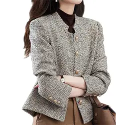 Office Lady Elegant Design Tweed Jacket Fashion Stand Up Collar Faux Woolen Coat Women Single Breasted Long Sleeve Outwear