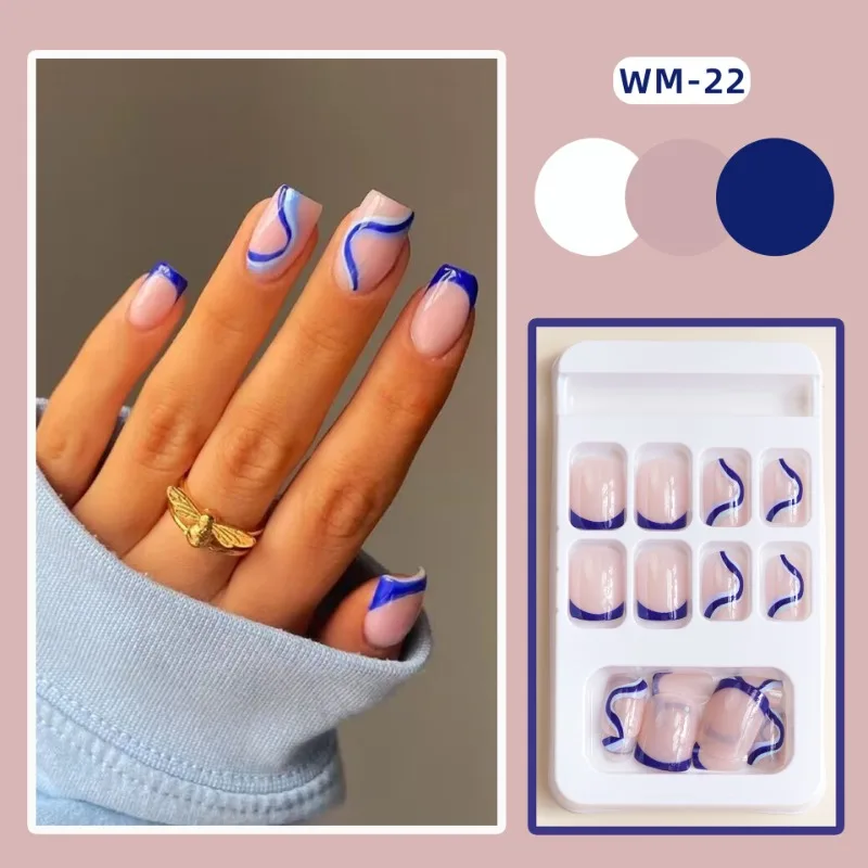 24 Pcs Blue French Finger Nails Square Press on Nails for Beautiful Gluing Decorated False Nails for Women Prosthetic Nail Set
