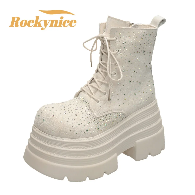 

Women's Chunky Ankle Boots Bling Leather Hidden Heels Sneakers Winter Warm Fur Snow Boots 10CM High Platform Motorcycle Boots