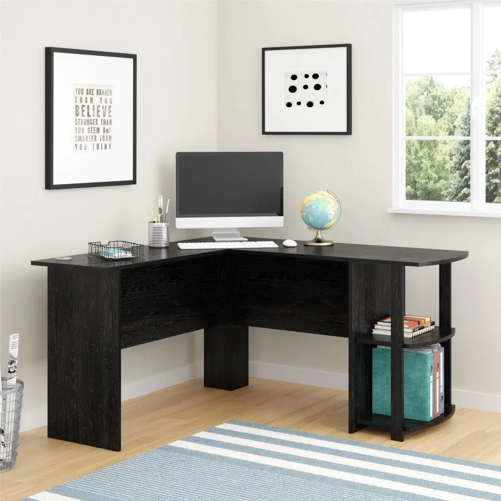 Ameriwood Home Dominic L Desk with Bookshelves, Black Oak desk table