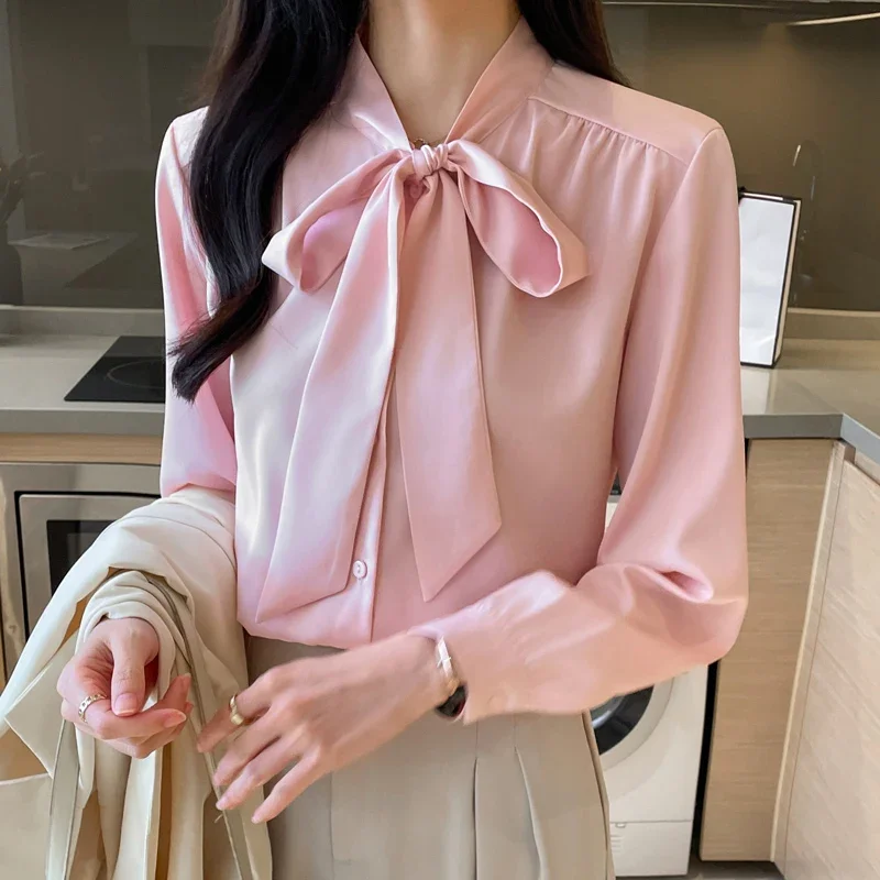 2024 Autumn Shirt for Women Korean Fashion Long Sleeve Women\'s Clothing New Black Bow Lantern Sleeve Womens Tops OL Satin Blouse