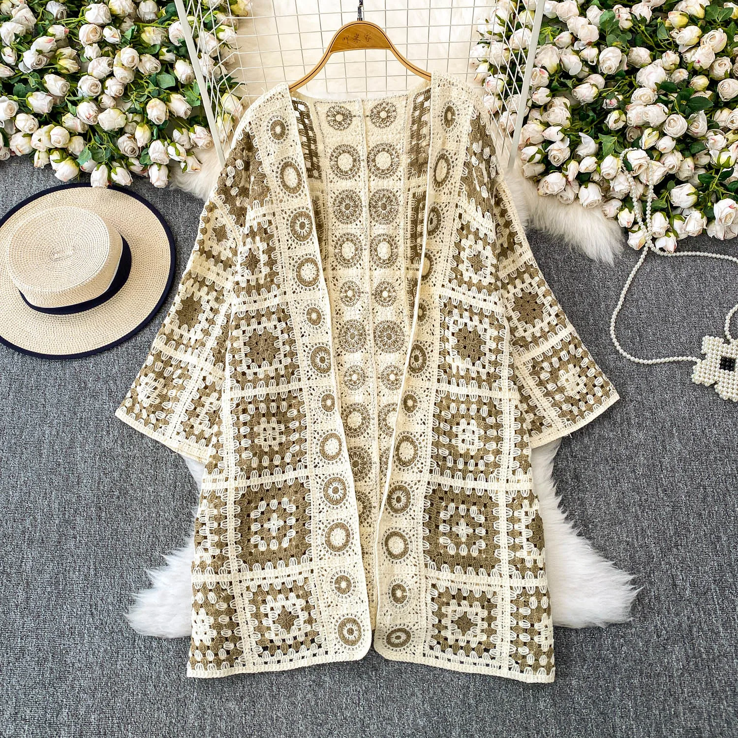 

Chic vintage Knit hollow out loose Elegant Fashion Sexy cardigan Shirt one-piece bohemian Summer Beach Women Blouse Women