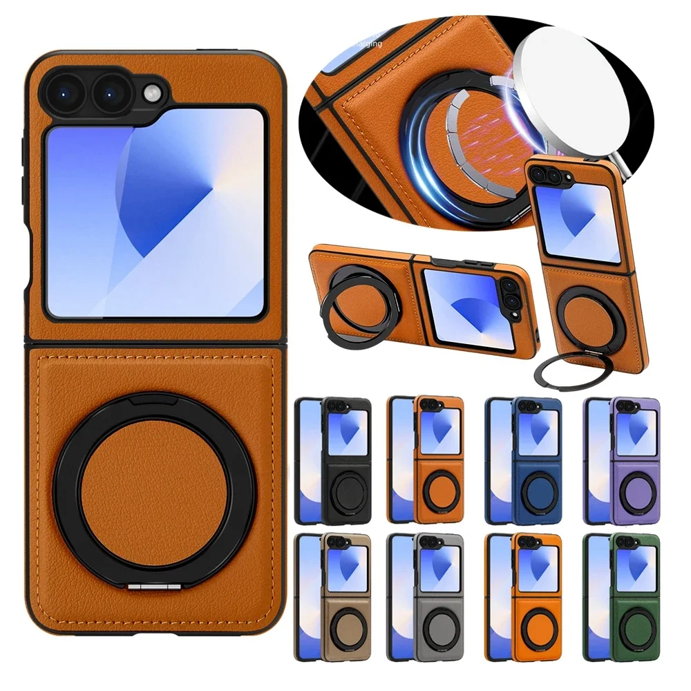 

360° Ring Bracket Leather Case Flip Case for Samsung Z Flip 7 6 5 4 Zflip6 ZFlip5 ZFlip4 Zflip7 Magsafe Phone Cover Shockproof