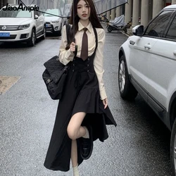 Spring New Preppy Style Short Shirt with Tie Bandage Sleeveless Irregular Dresses Set Korean Lady Fashion Outfits 2023 New Suit