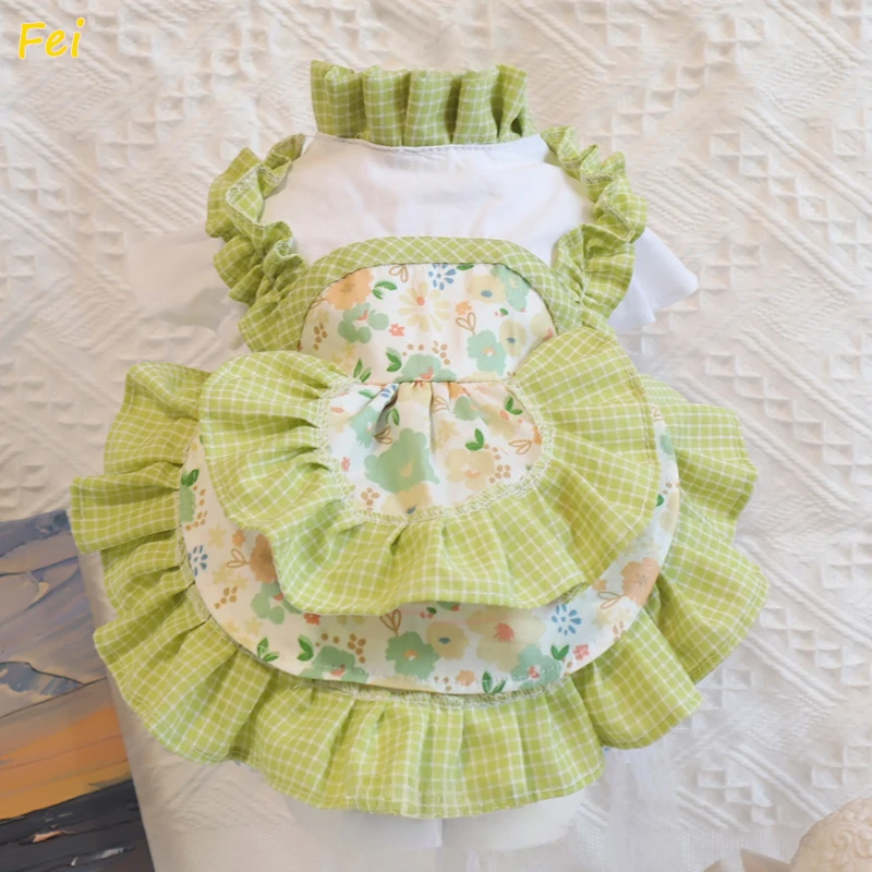 

Pet Dog Clothes All Season Spring New Fashion Cute Print Handmade Dress For Small Medium Dog Poodle Chihuahua Green Puppy Skirts