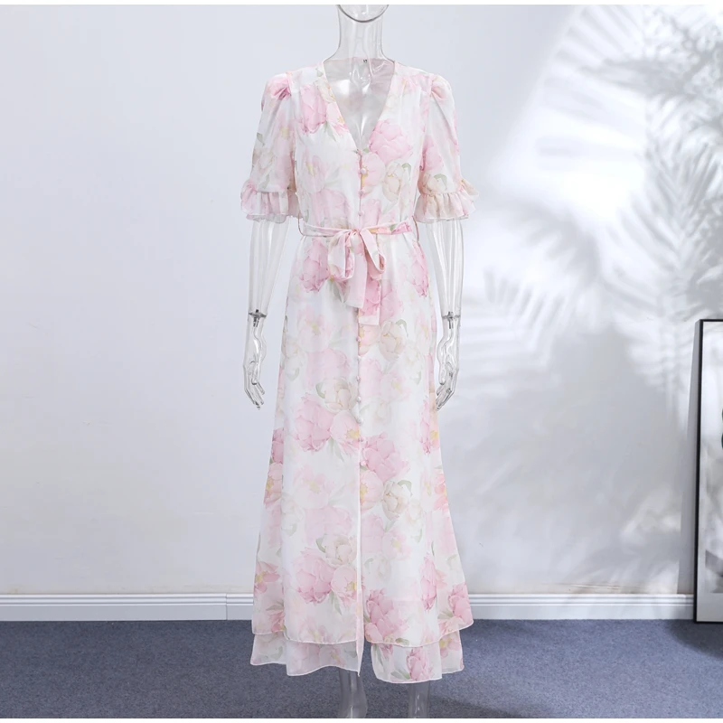 Elegant Ruffle Women's Long Dresses V Neck Half Sleeve Button Waist Cinching Pleated Dress 2026 Spring Lady Fashion Party Robes