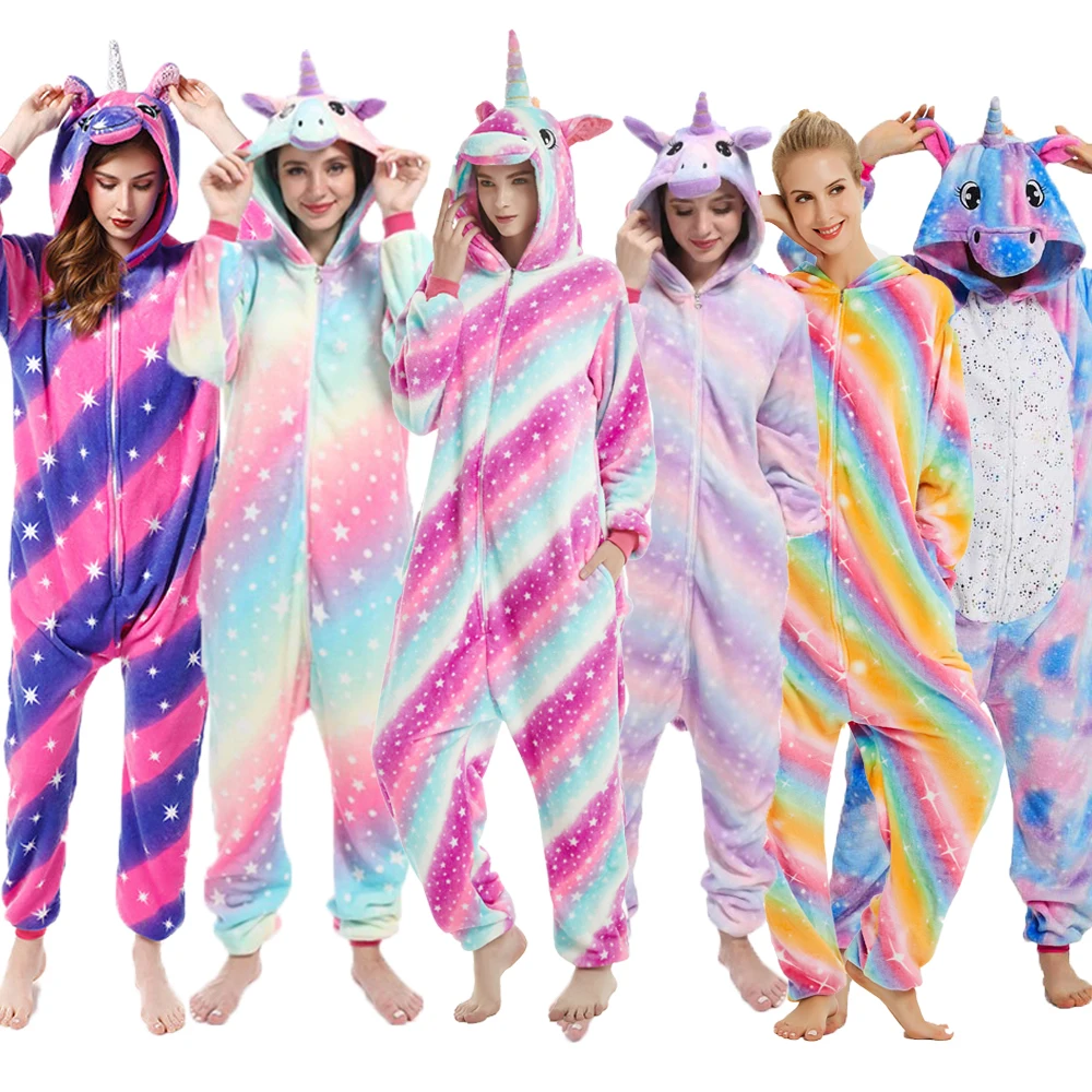 Women Unicorn Kigurumi Pajamas Adult Flannel One-Piece Hooded Jumpsuit Pijama Halloween Girl Animal Onesies Cosplay Costumes