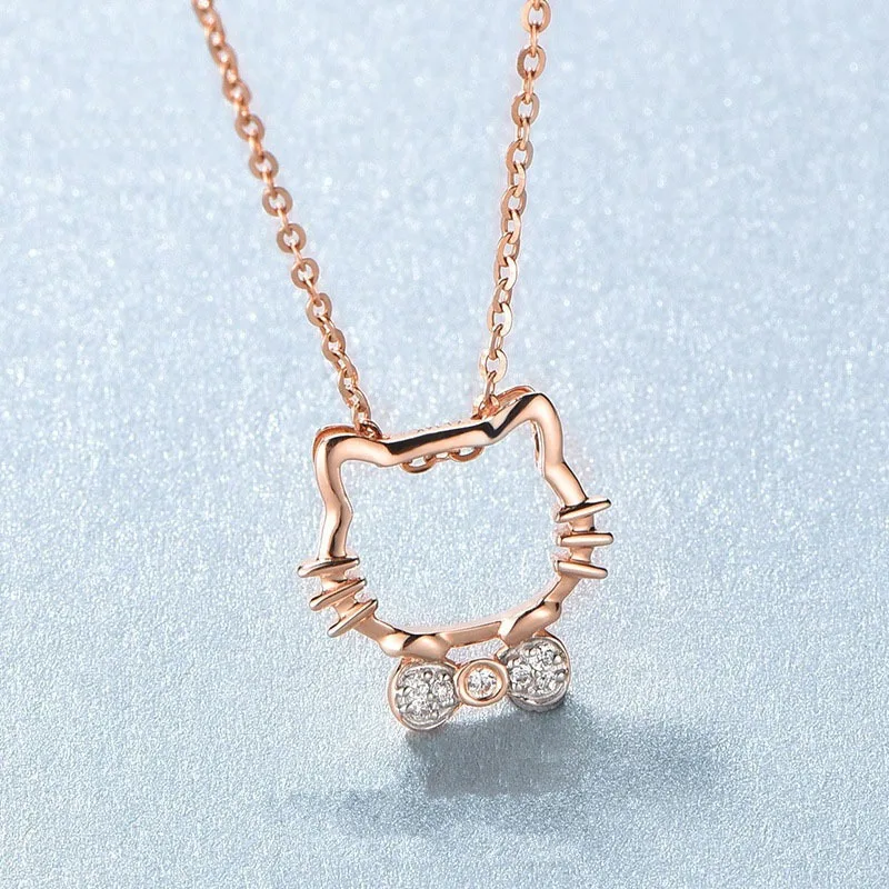 

Lovely Hello Kitty Sanrio Anime Kids Chain Necklace Cute Cartoon Hollowed Kitty Crystal Ring for Women Girls Birthday Gift