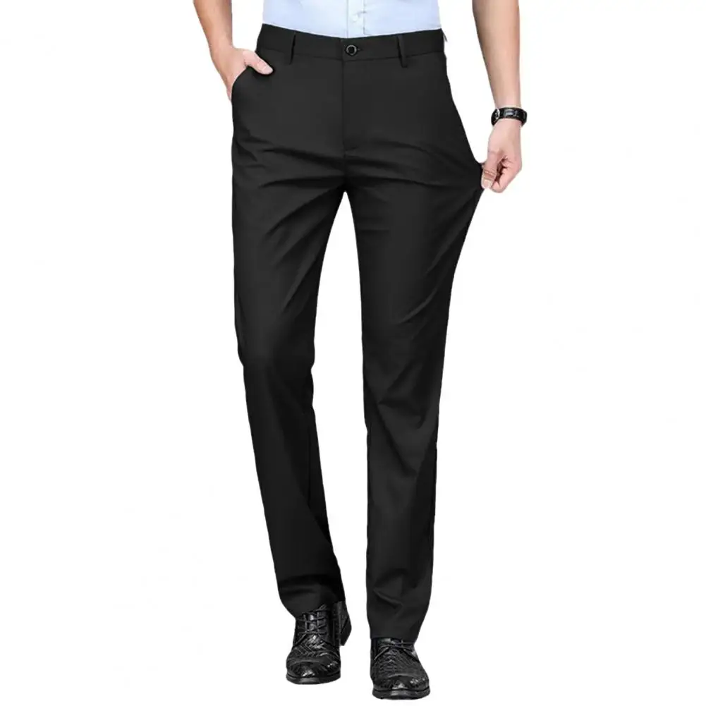 Men Suit Pants Soft Thickened Plush Men's Business Pants Anti-wrinkle Straight Leg Mid Waist Elastic Pockets for Office Commute