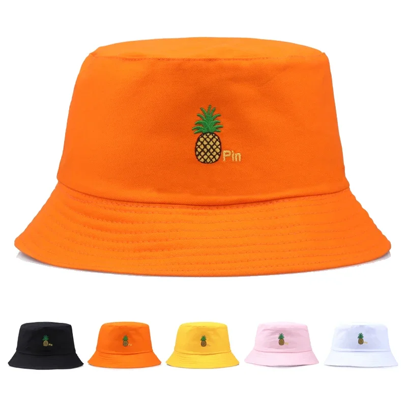 Unisex Reversible Pineapple Embroidery Bucket Hat Cute Fruit Letters Fisherman Hats Wide Brim Travel Hiking Fisherman Caps YD089