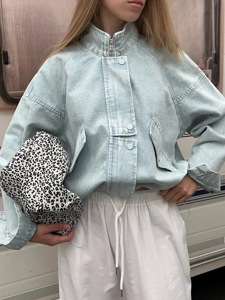 Vintage Wash Short Coat Denim Zip Diagonal Button Women Loose High Neck Drop Shoulder Jacket 2026 Fall Winter Gentle Casual Wear