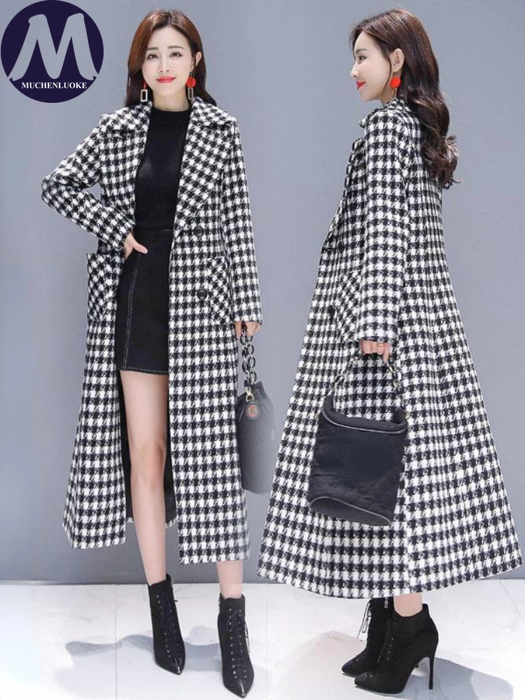 Women's Mid Length Plush Jacket, Casual Coats, Long Sleeve, Thousand Bird Grid, Fashionable Slim Fit, Warm, Winter, New