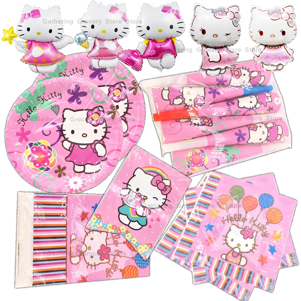 

Miniso Pink Hello Kitty Cat Paper Tableware Girl Favor Toy Gift Party Supplies Plate Cake Topper Festivel DIY Party Decoration