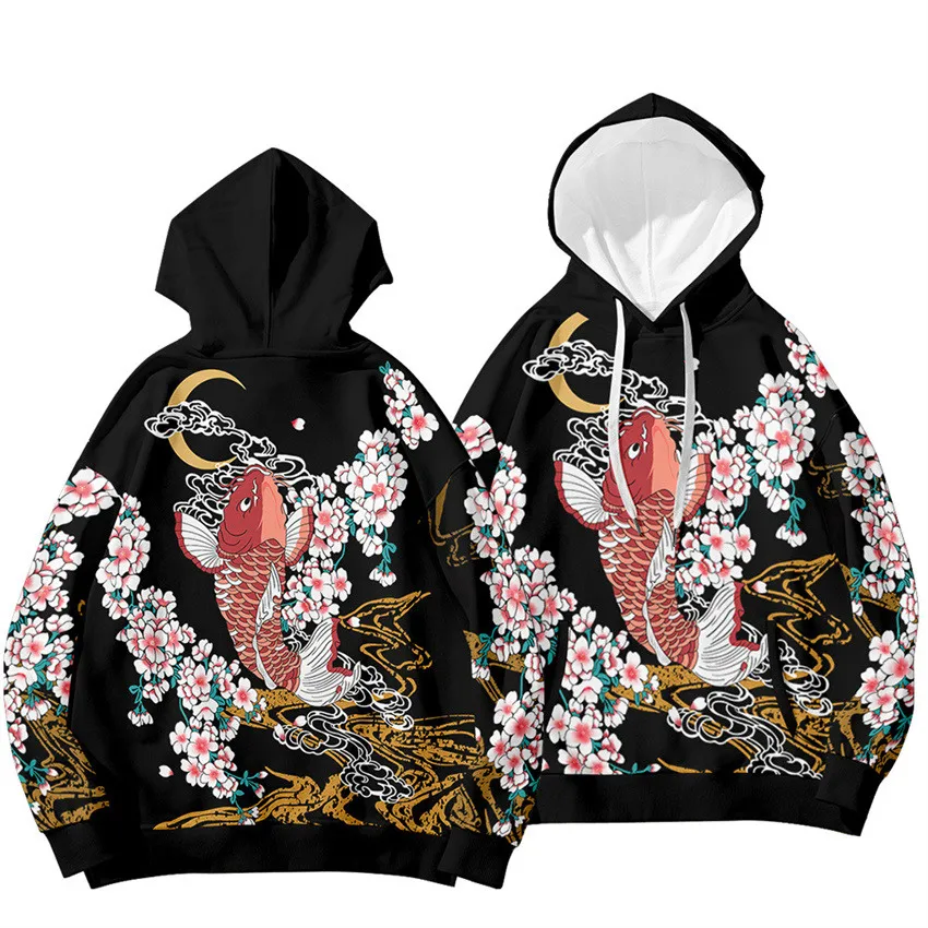 Kanagawa Wave Carp Print Hoodie Sweatshirt Autumn Winter Casual Oversized Hooded Hoodie Hip Hop Pullover Women Men Clothing