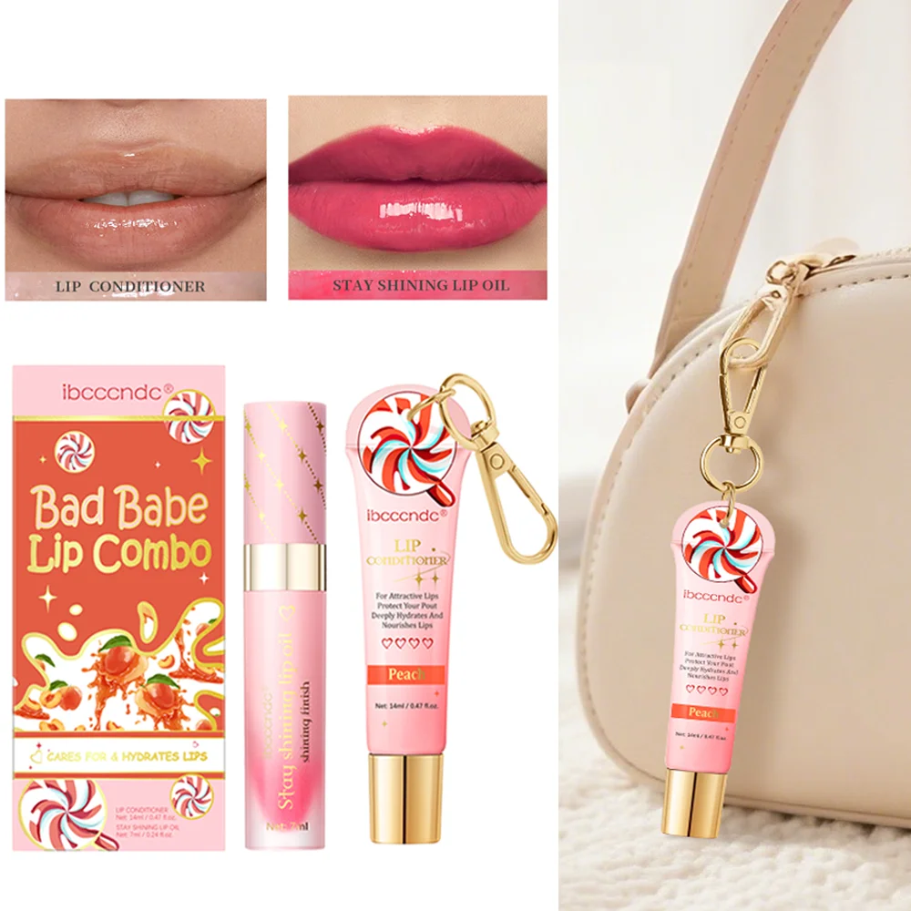 Lip Gloss Duo Combo with Keychain Long Lasting Nourish Plumper Lip Cosmetics Christmas Gift