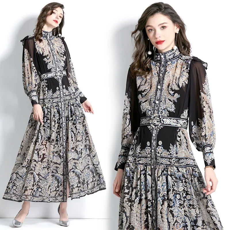 

2024 New Original Design -Retro Floral Print Dress Women Elegant Long Sleeve Maxi Dress Ladies Holiday Style Female Vestidos