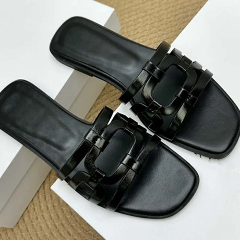 

Jenny&Dave French Retro Hollow Cow Leather Sandals Minimalist Lazy Leather Flat Slippers For Women Summer Shoes Women