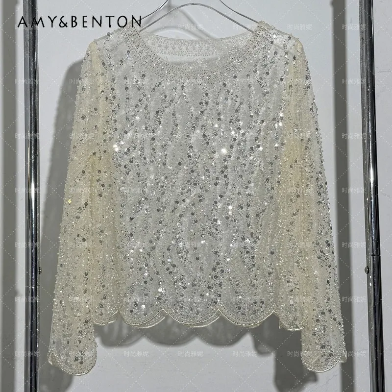 

Новая весенняя коллекция 2026: Изысканная блузка с бисером и пайетками, кружевная, с длинным рукавом, круглым вырезом, приталенная, для банкетов, женская, топ-рубашка