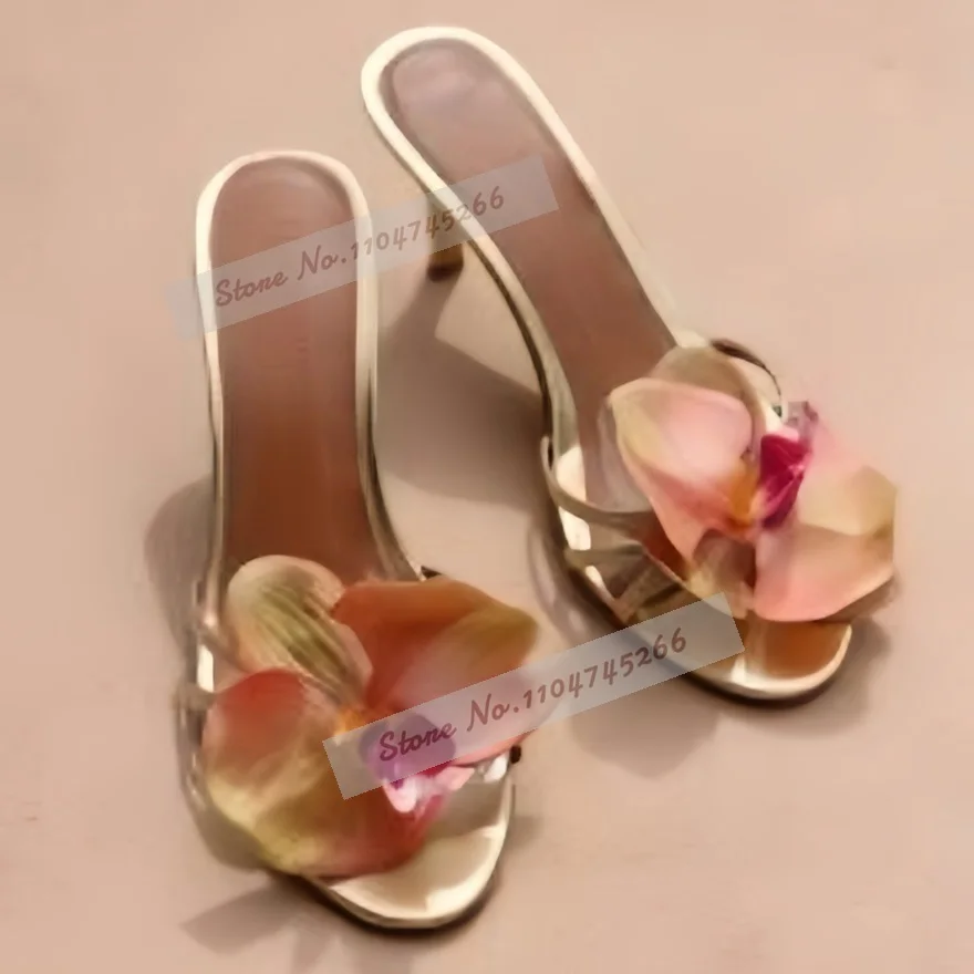 

Golden Narrow Band Pink Flower High Heel Mules 3D Blossom Thin Strappy Outside Modern Slippers Elegant Slip-On Dress Sandals