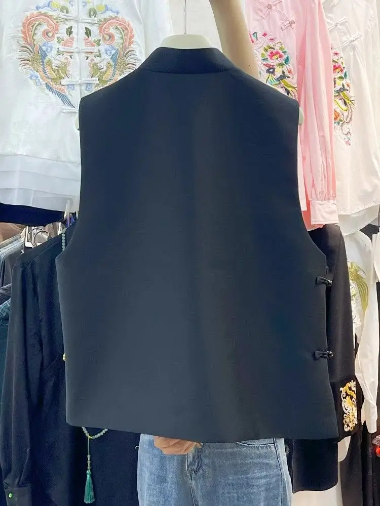 Bloemen geborduurd zwart vest dames retro Chinese vintage etnische stijl mouwloze tops oversized