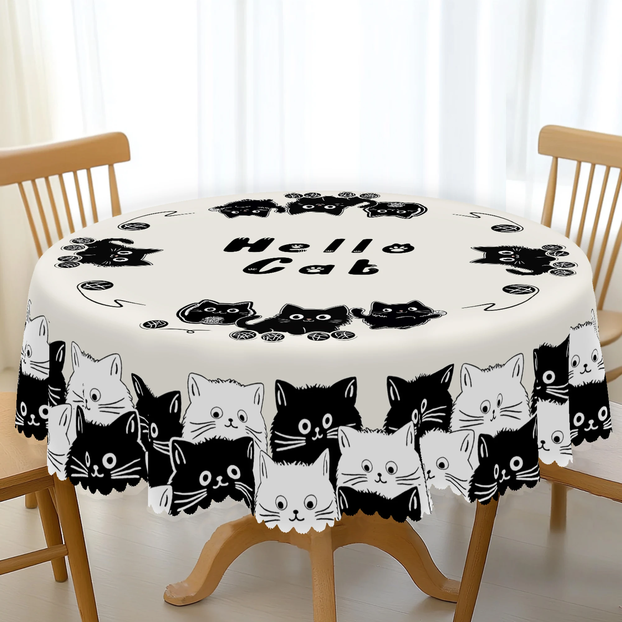 1 Piece Black and White Cat Pattern Tablecloth, Cute Cat Decoration Party Supplies Polyester Machine Washable Tablecloth with Lace, Suitable for Party Cafe Restaurant Home Indoor and Outdoor Decoration, Ideal Gift for Cat Fans
