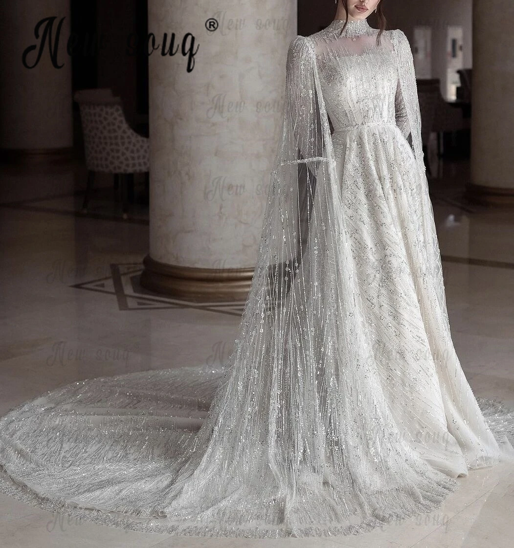 Luxury Beading White Wedding Dress Cape Sleeve A Line Court Train Bridal Gowns Muslim Formal Long Evening Dress Custom  Made