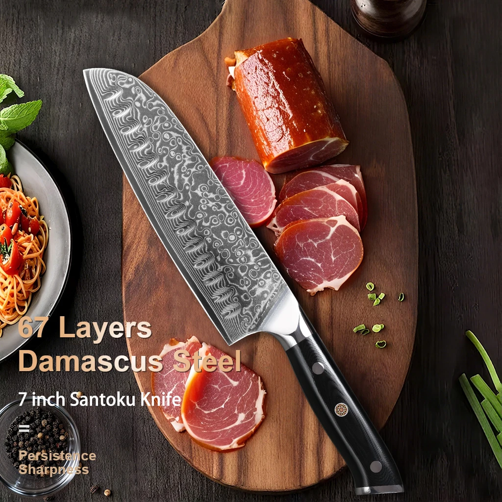 Cuchillo Santoku de 7 pulgadas estilo japonés de cuchillo de Chef profesional de acero damasco, cuchillo para cortar carne, con mano G10