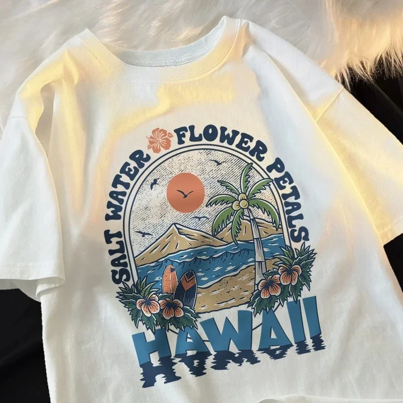 

Salt Water Flower Petals Hawaii Clothes Women Harajuku Summer Tshirt Cartoon Fashion Breathable Casual Woman Tops T-Shirt