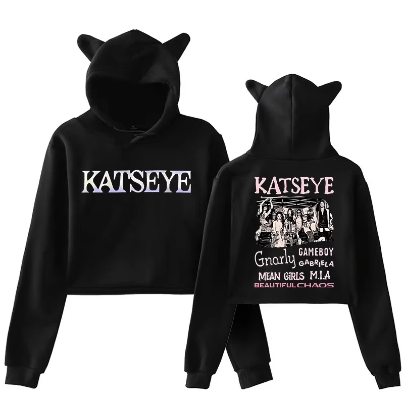 

hot Kpop Katseye Print Cropped Hoodies Cute Cat Ears Crop Tops Women Girl Gothic Y2k Sweatshirts 90s Fashion Vintage Clothes