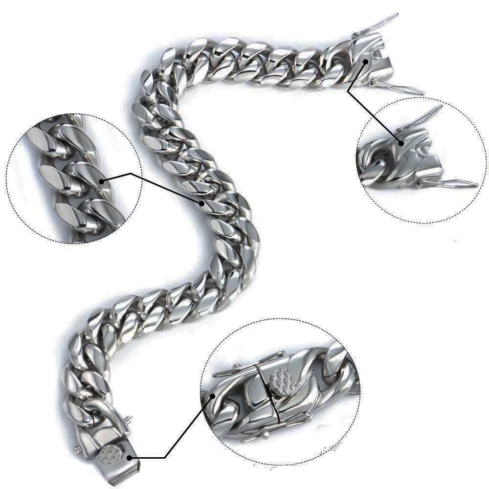 Top Quality Stainless Steel Miami Curb Cuban Chain Bracelet Hip hop Rocker Women Mens Jewelry 8/10/12/14mm