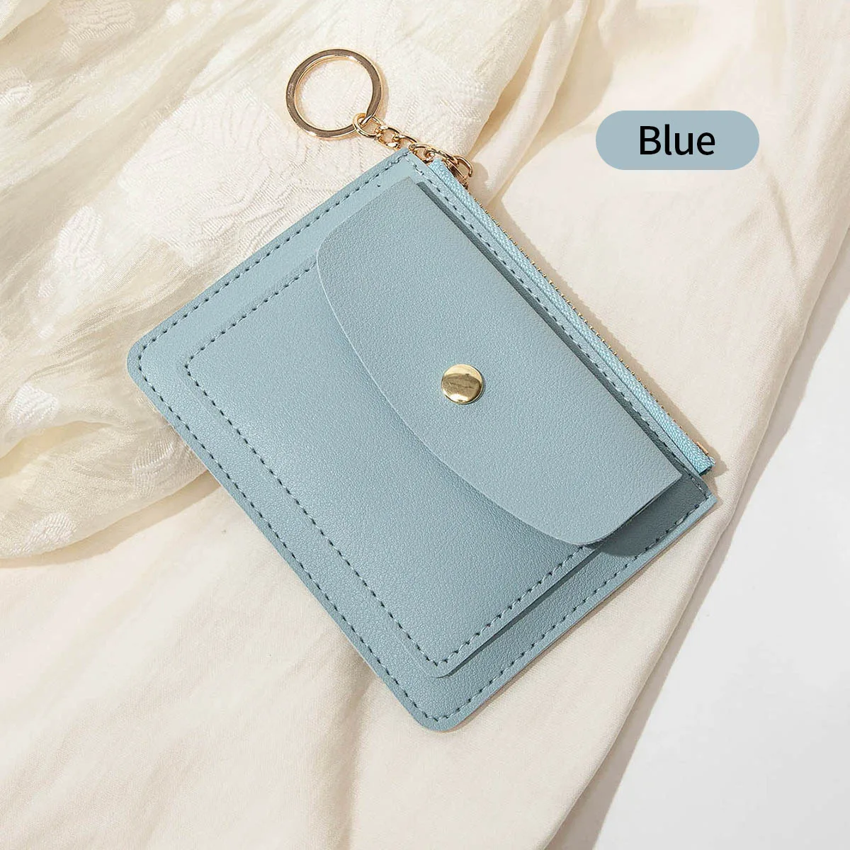 Schlanke grüne PU-Leder-Geldbörse für Damen, Kartenhalter, Schlüsselanhänger, Reißverschluss, als Geschenk, Mini-Münzbörse mit Knopfverschluss und Sichtfenster für Karten – Detail 5