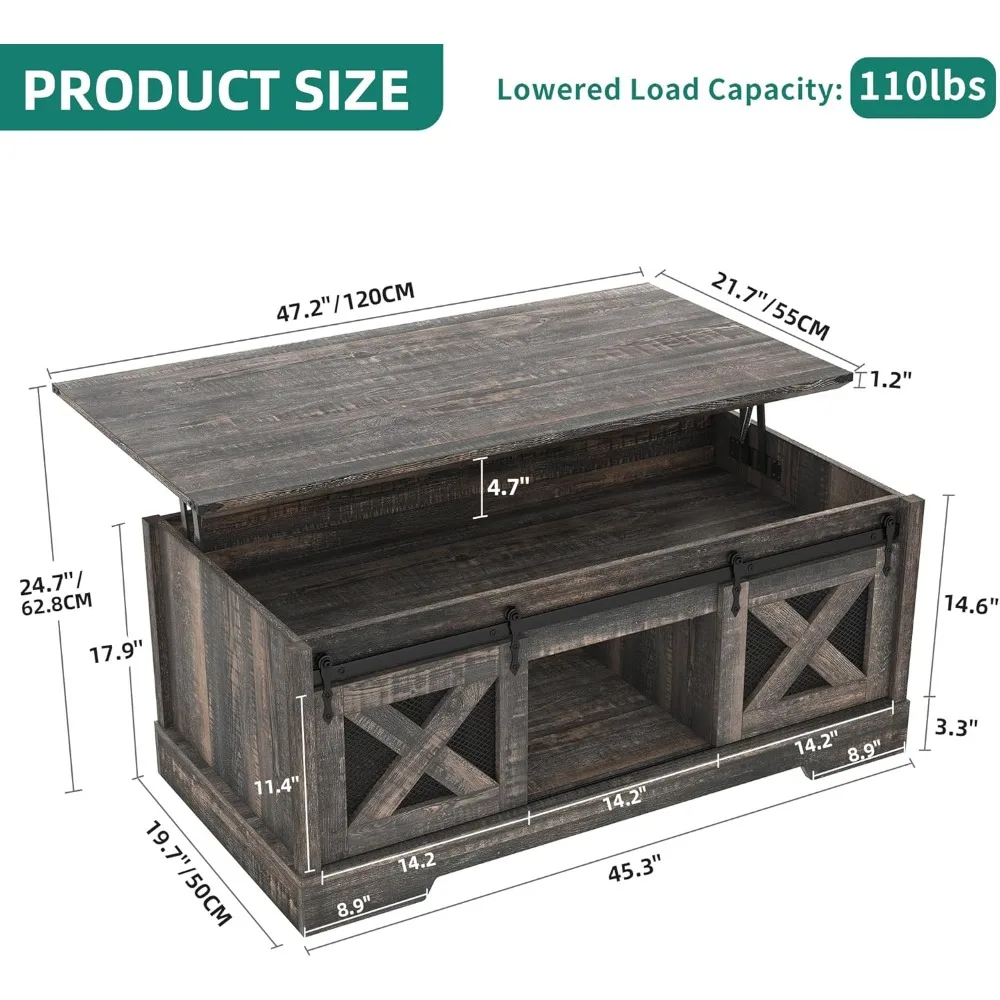 Lift Top Coffee Table with Storage & Sliding Groove Barn Door,Rustic Coffee Tables, Center Table , Dark Rustic Oak