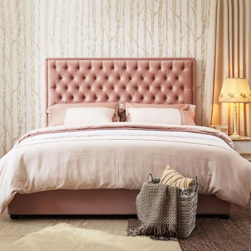 

Nordic light luxury fabric double bed French simple modern velvet queen bed American high back buckle bedroom model room
