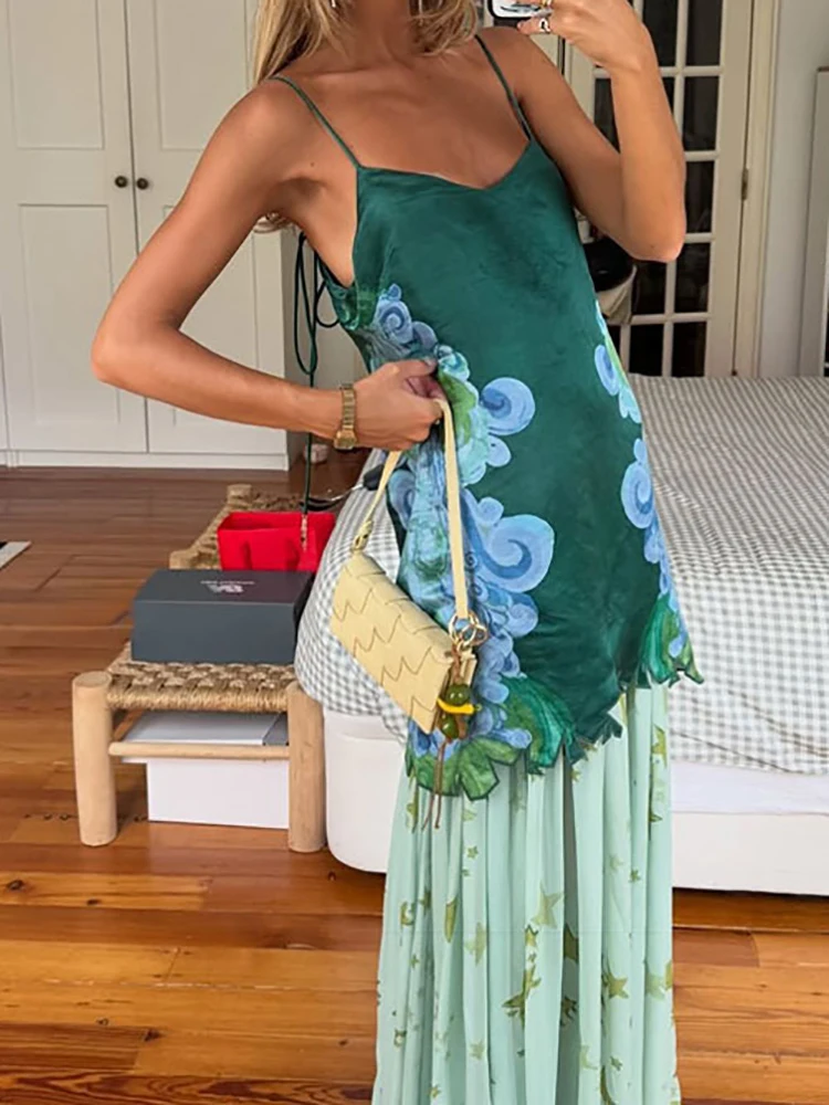 

Women Lacing Up V Neck Sleeveless Top Maxi Skirts 2PCS Set Summer Holiday Patchwork Printing Elegant Fashion Outfits Streetwear