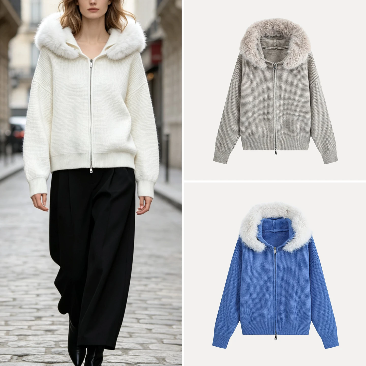 Women's Casual Knitted Hooded Cardigan Coat with Fur Collar Double Zipper Autumn New Arrival Standard Fit Short Outerwear