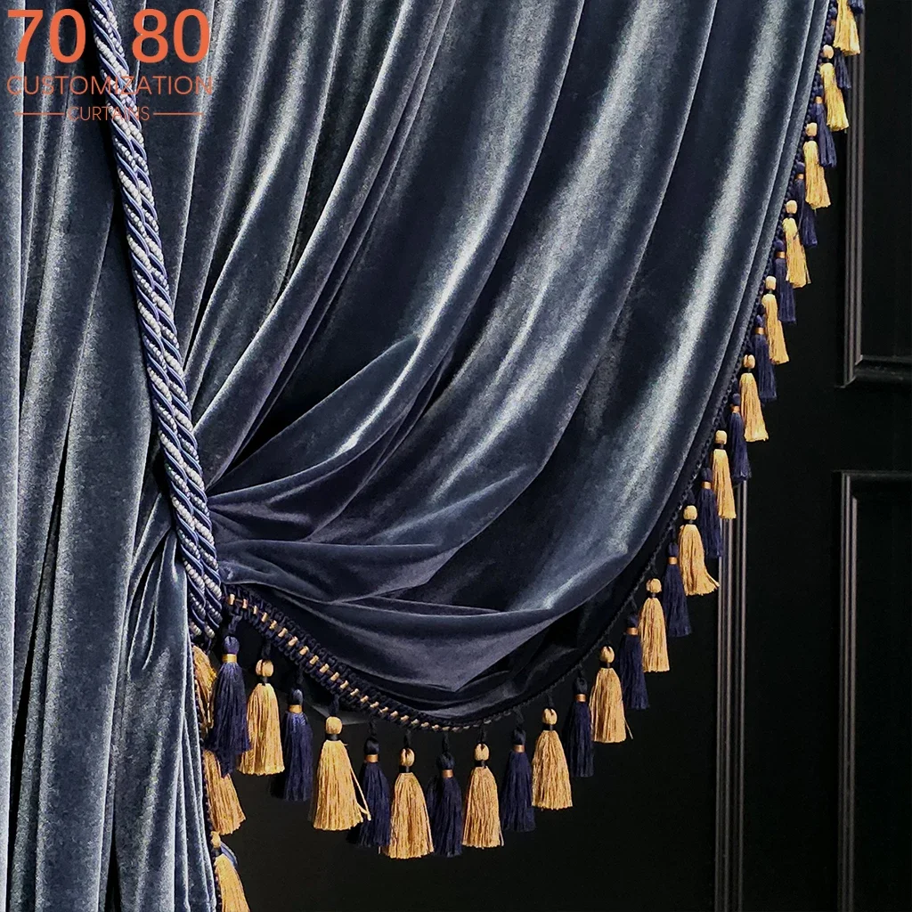 

High-grade Grey and Blue Vintage Velvet Blackout Soundproof Curtains for Living Room Bedroom Villa Dining Room Finished Product